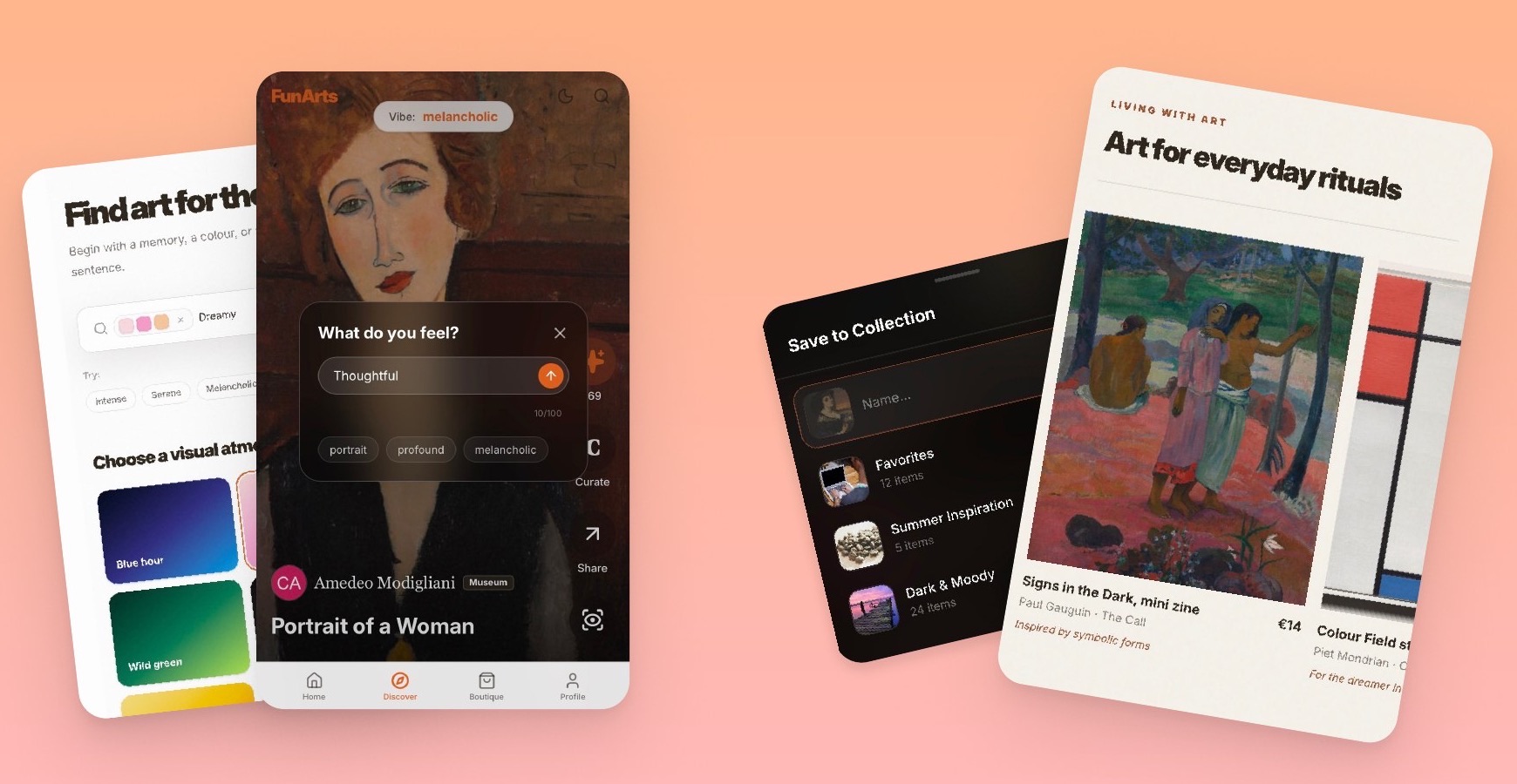 FunArts taste search, mood discovery and personal collection screens